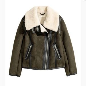 H&M khaki green shearling jacket